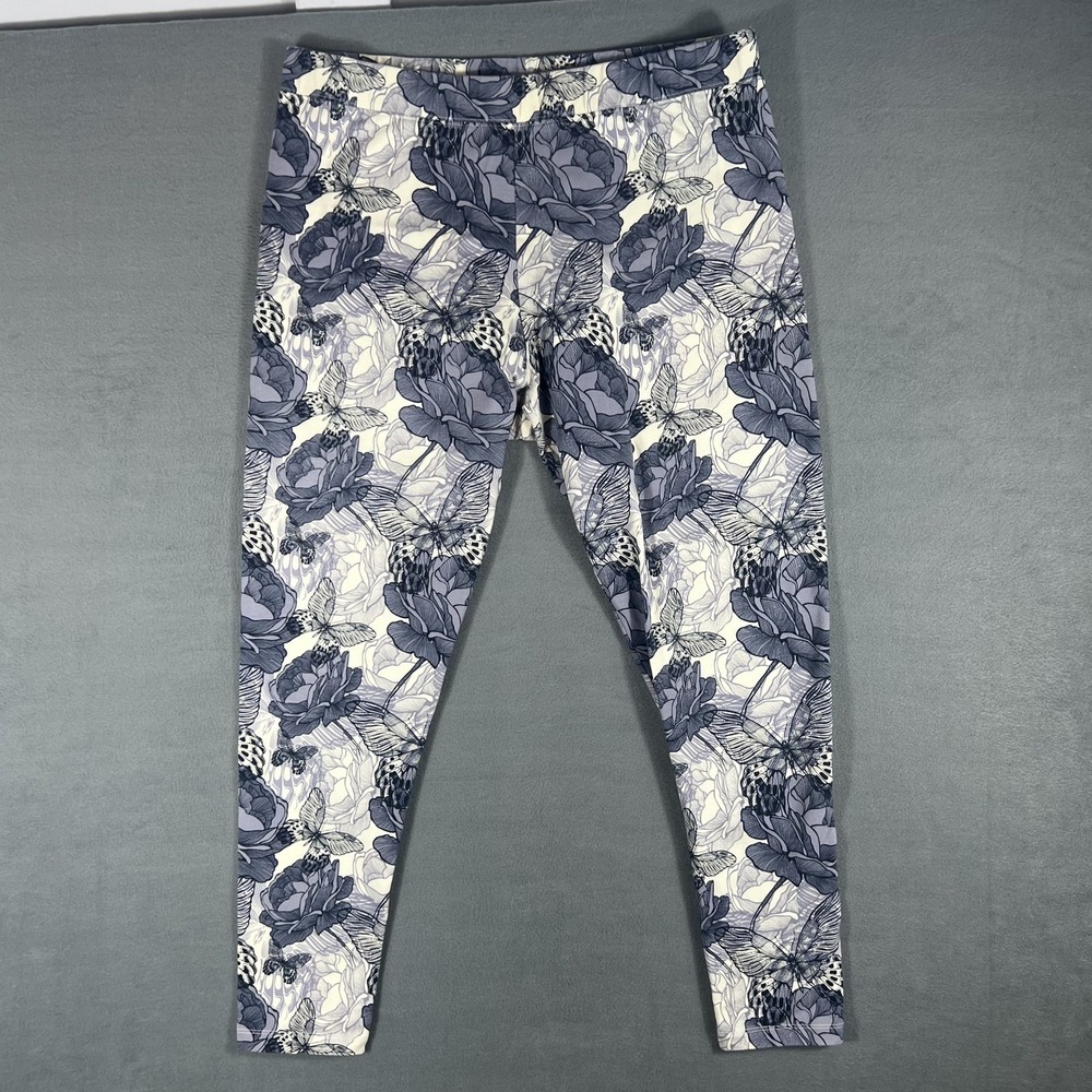 Soft Surroundings Women's L Large Blue White Floral‎ Butterfly Print Leggings